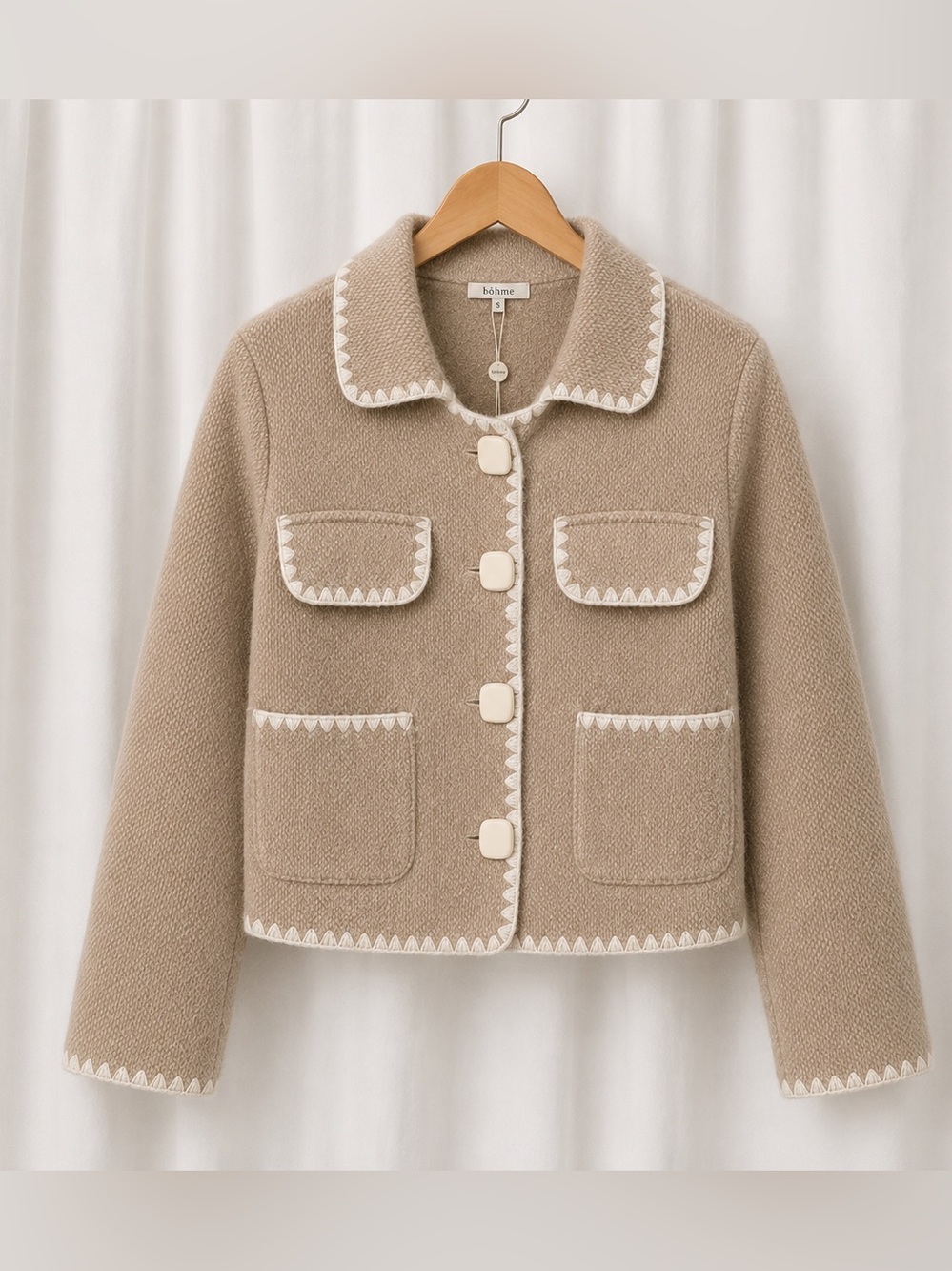 NWT Böhme Beige Contrast Stitch Knit Jacket S Metallic Shimmer Cropped